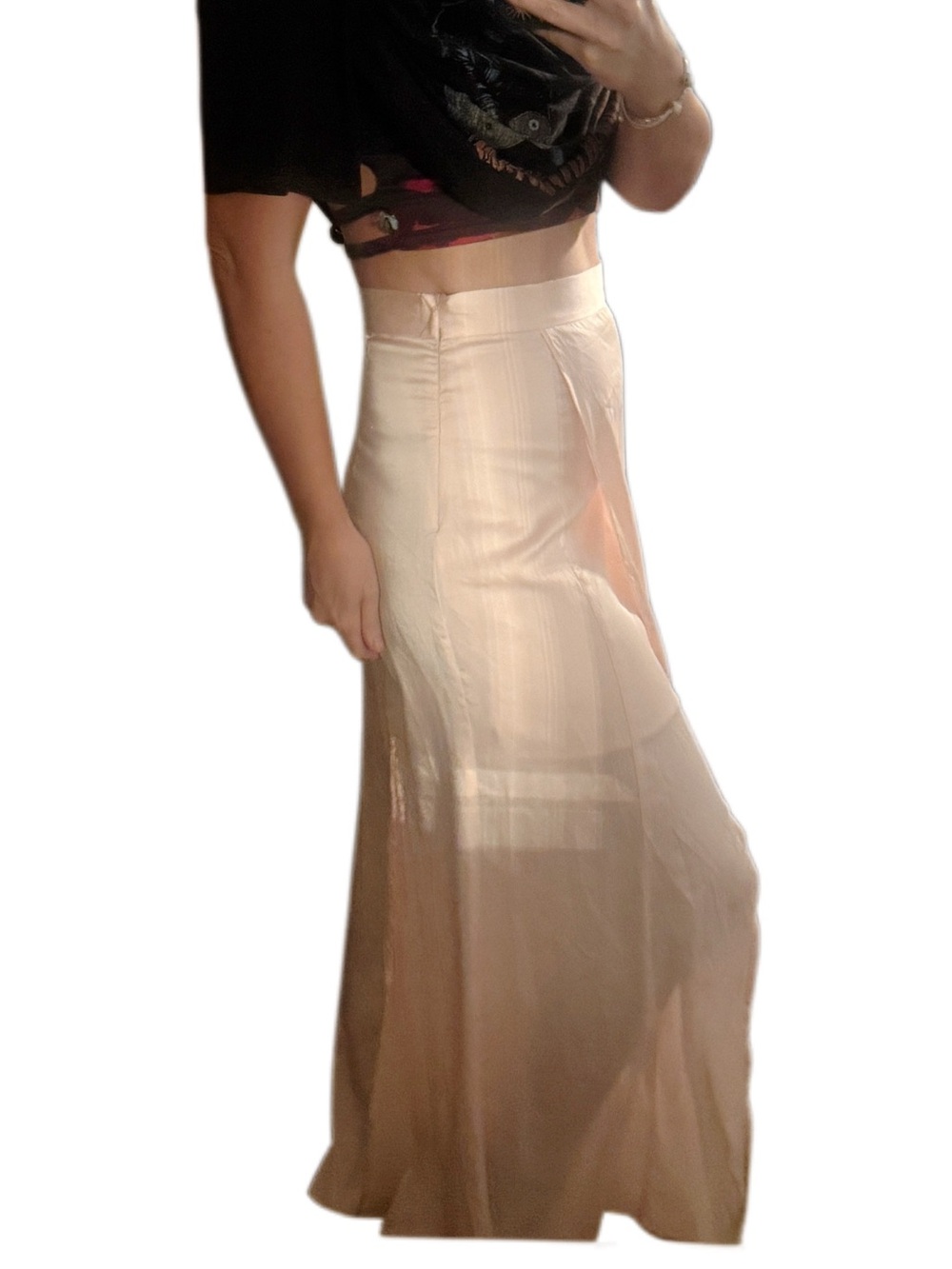 New Bebe tie front flowy High-Waist Sheer Maxi Skirt in Blush with slits  Sz 10